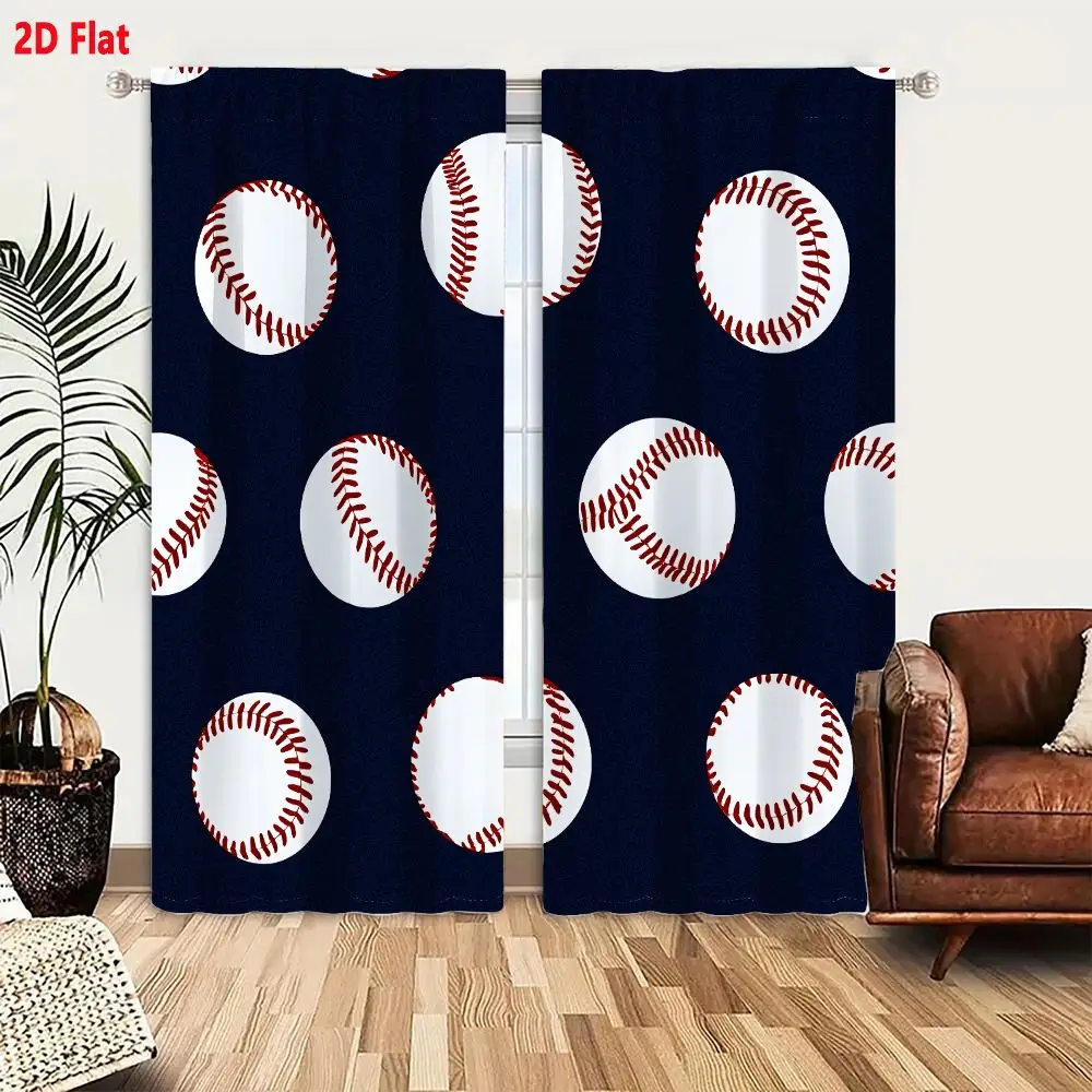 2Pcs Curtains 2D Flat Repeating Baseball Pattern On Dark Navy Blue Background Seamless Uniform Design Window Drapes for Bedroom