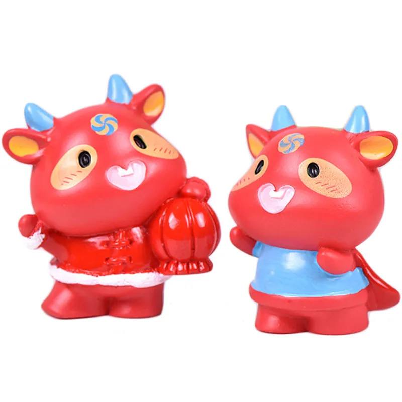 2PCS Red Bull Happiness Cute Cow Table Decoration Red Super Cow Figurine Crafts Figure Ornament Miniatures Christmas Decoration