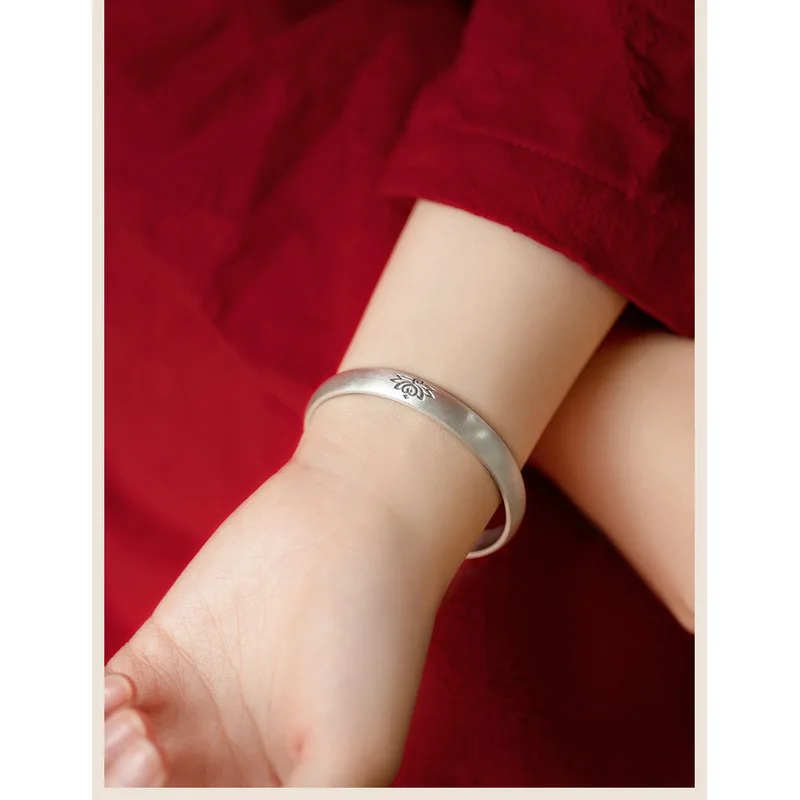 Retro Silver Plated White Copper Open Cuff Bracelet Lotus Sutra Mantra Engraved Vintage Antique Finish Jewelry For Men Women