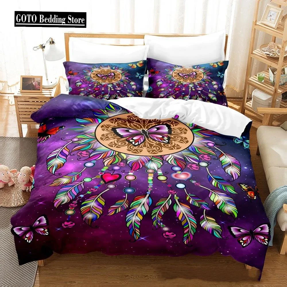 

Dreamcatcher Bed Cover Set Luxury for King Size Print Bohemian Style Purple Pink Butterfly Feather Comforter Bedding Set Mandala