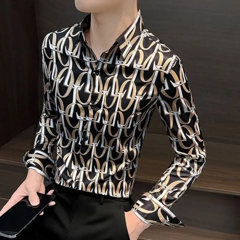 Men\'s Clothing Letter Printed Shirt Long-sleeved Slim-fit Handsome High-end Casual Printed Shirts