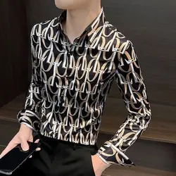 Men's Clothing Letter Printed Shirt Long-sleeved Slim-fit Handsome High-end Casual Printed Shirts