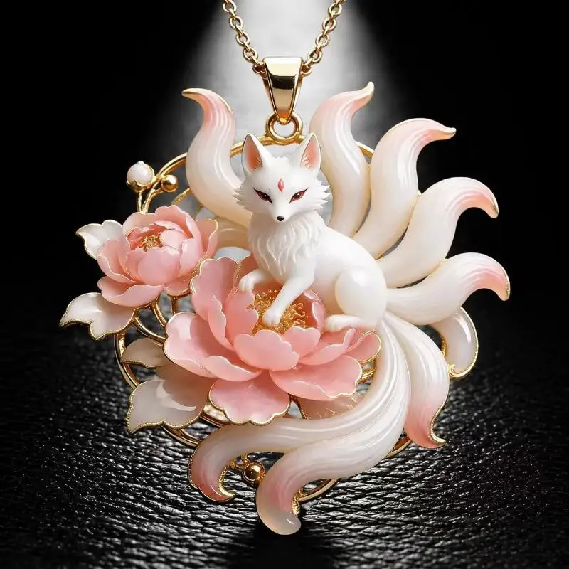 Nine Tailed Fox Enamel Pendant Necklace Minimalist Chinese Mythology Style Delicate Jewelry for Women Casual Wear