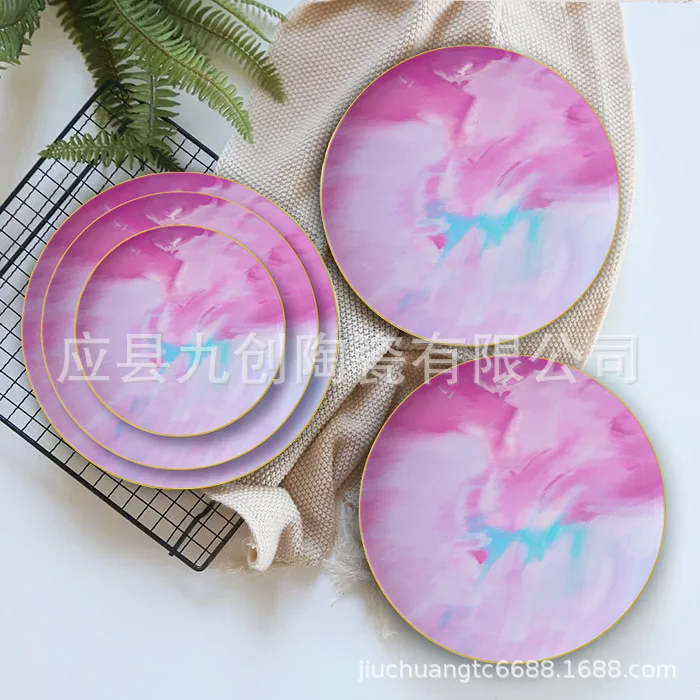 

Cross-border sourcing Creative hand-painted rainbow bone china plate cutlery set hotel wedding decoration plate dish plate