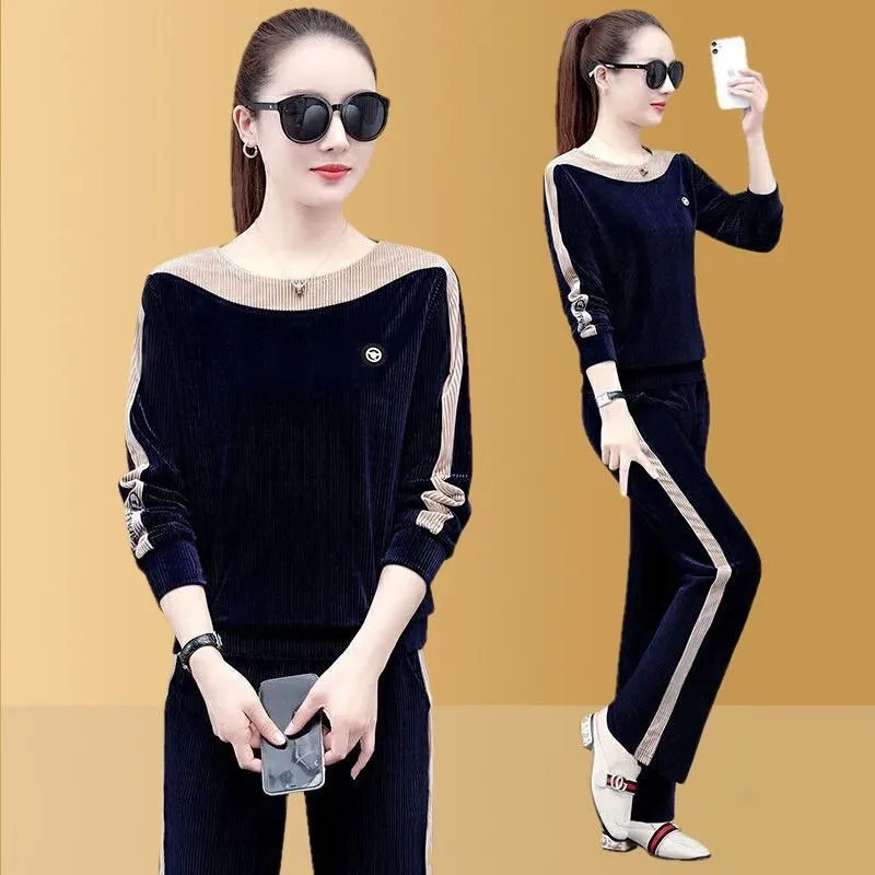 

Velvet Casual Sports Women's Pullover Round Neck Thin Style Fashionable Loose Long Sleeve Two-piece Suit