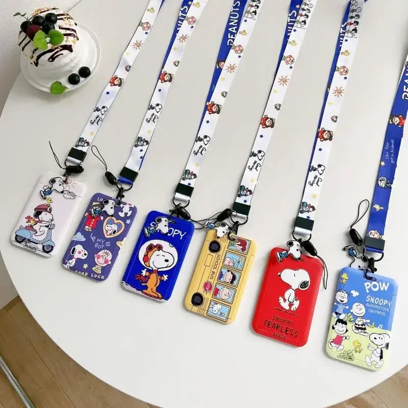 Kawaii Cute Snoopy Card Holders Hanging Rope Badge Holder Neck Strap Door Badge Id Card Case Sliding Telescopic Gifts For Girl