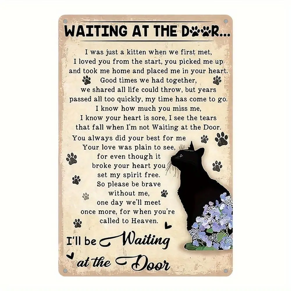 Décoration murale vintage en métal « Waiting At The Door » pour commémorer les chats - Plaque artistique poétique sur la perte d'un animal pour les amoureux des chats à la maison