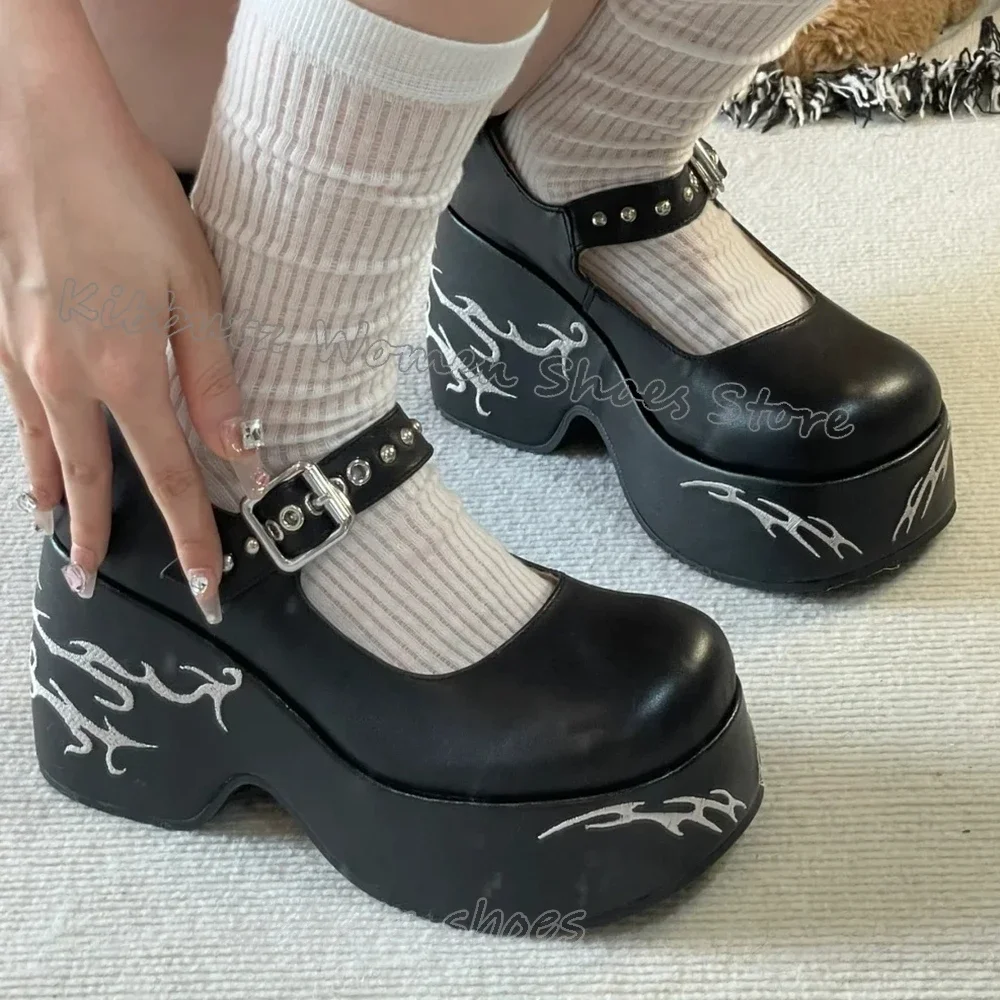 

Mary Jane Pumps Belt Buckle Platform Genuine Leather Mixed Color Round Toe Chunky Heels Women Shoes New Fashion Concise Elegant