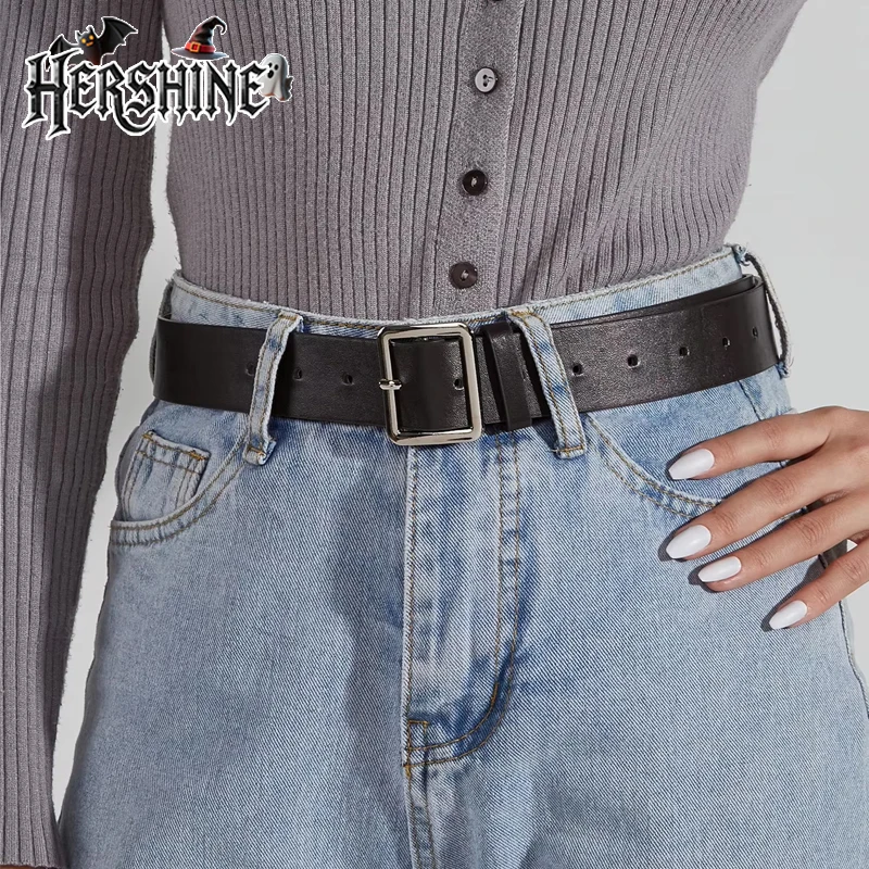 HERSHINE Solid Color Unisex Leather Belt with Square Buckle, simple and versatile, a fashionable accessory，spring，summer