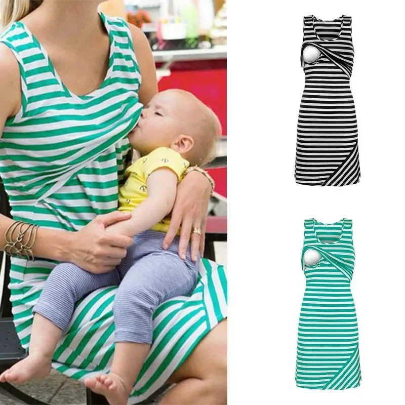 

Pregnant Women Summer Blue Breastfeeding Dress Clothes Maternity Stripe Tunic
