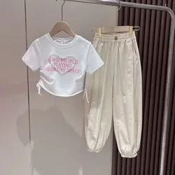 Ensemble de vêtements d'été pour adolescentes, t-shirt et pantalon avec lettre d'amour, édition coréenne, mode pour enfants, 4 ans, 6 ans, 8 ans, 10 ans, 12 ans, 15 ans, 2 pièces