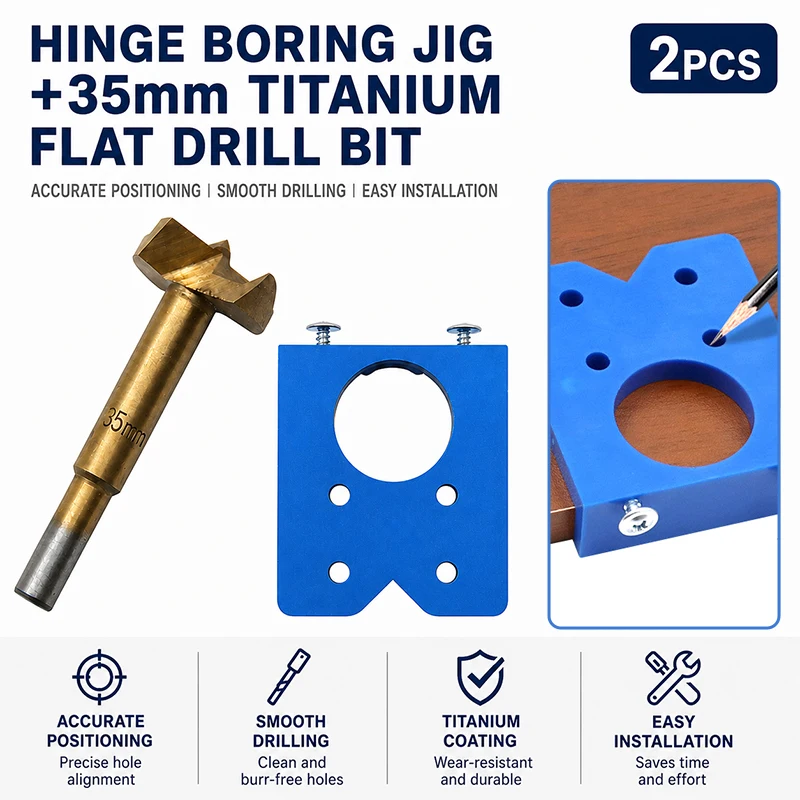 Hinge Boring Jig 35mm Titanium Coated Flat Drill Bit Wood Door Cabinet Furniture Hole Positioning Guide Template 2PCS