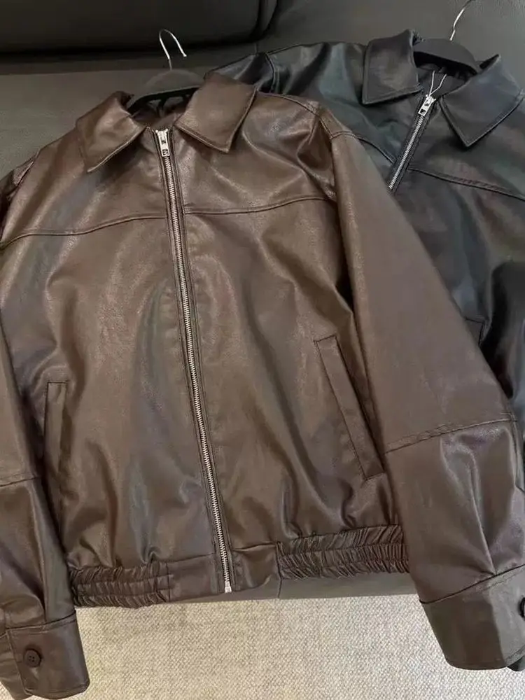 Herbst Neue frauen Lose Pilot Jaet Mantel Gefälschte Leder Revers Oberbekleidung Baumwolle Denim Stoff Damen Faion Casual Lange Sve