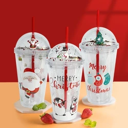450ml Double Wall Insulated Water Cup Christmas Themed Reusable Water Tumbler Glitter Cup with Straw and Lid for Christmas Party