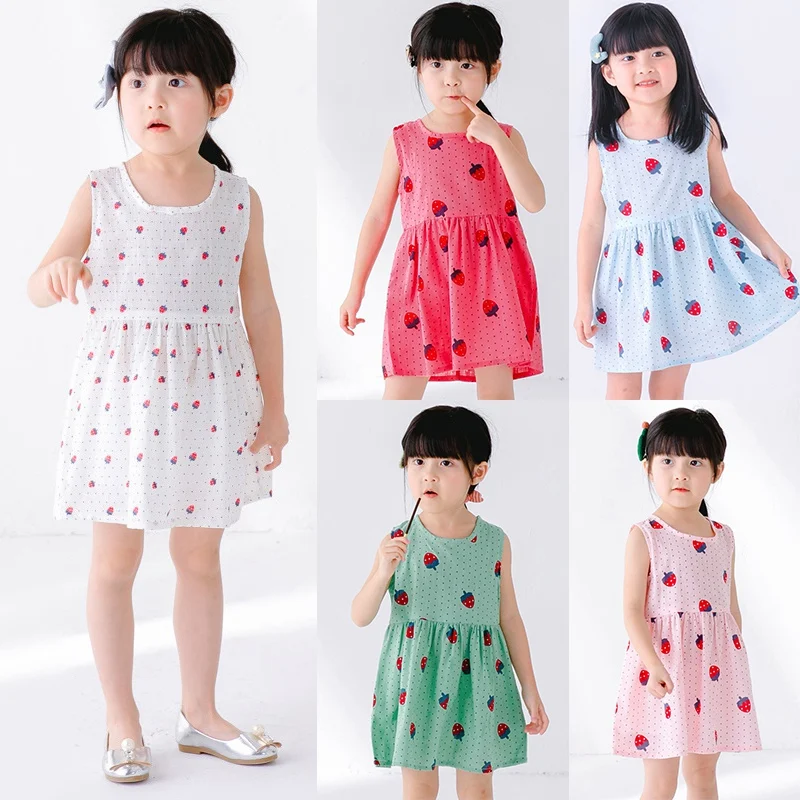 Summer Girl Vest Dress Sweet Kids Sleeveless Strawberry Print Princess Dress Toddler Fashion Baby Girls Casual Beach Dress 2-9Y