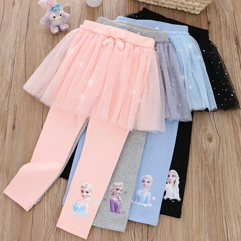 100%Cotton Girls Skirt Pants for Children Disney Frozen Elsa Princess Skirts Baby Girl Pink Blue Trouser Lace Kids Leggings 2024