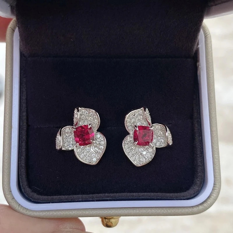 Huitan Flower Stud Earrings with Red Cubic Zirconia Bling Bling Ear Accessories for Women Wedding Party Luxury Jewelry Newest