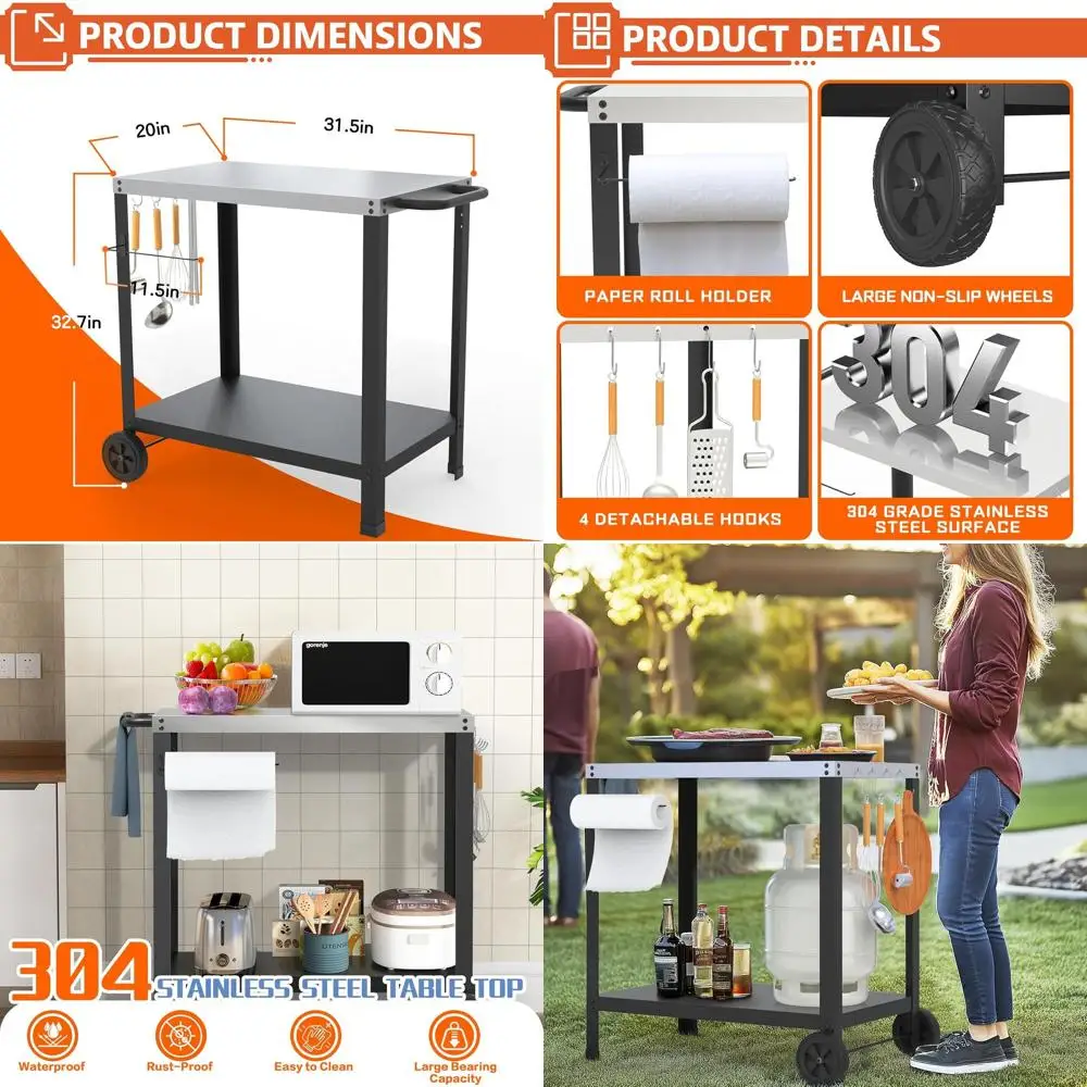 

Stainless Steel Outdoor Double-Shelf Grill Table, Portable Cooking Station for Patio Parties and Food Prep