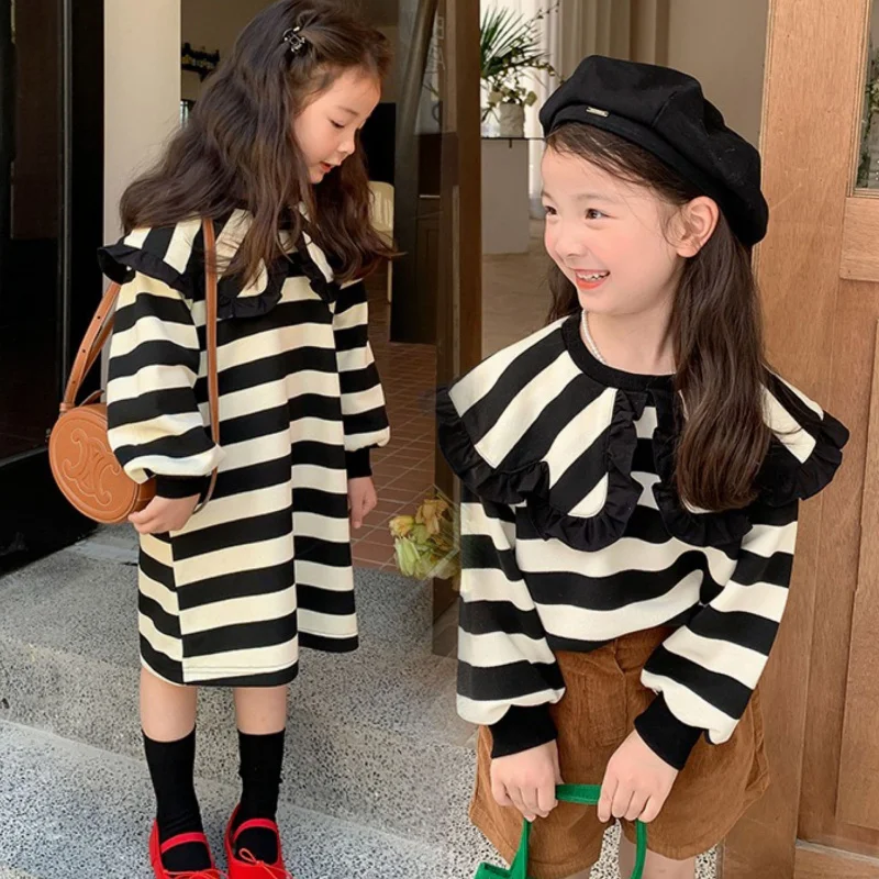 

Hnq-Girls' Lace Large Lapel Dress Autumn Children's Striped Long Sleeve Skirt Children Shirt3-8Children's Clothing