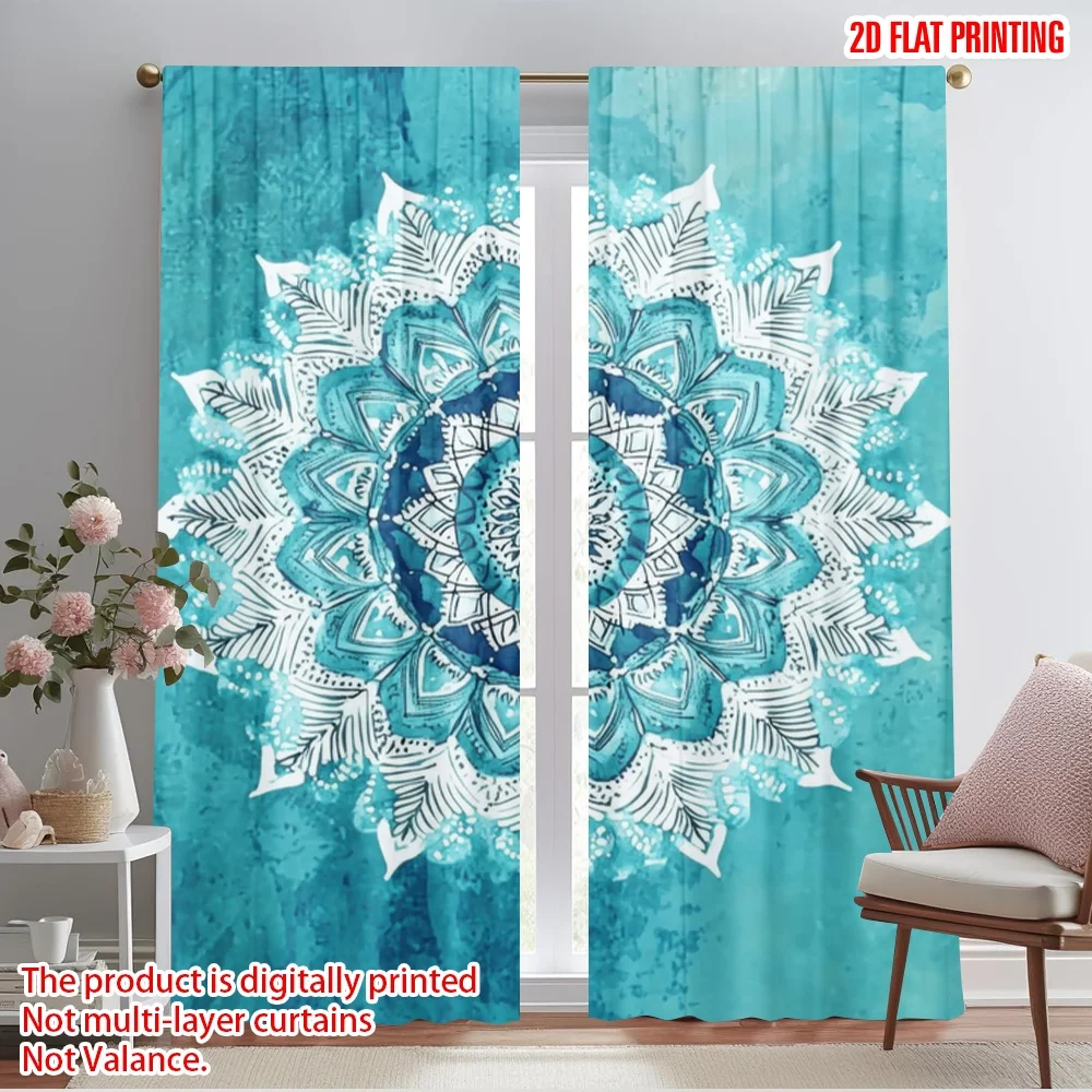 2pcs,2D plane printing Curtain Popular Aqua Mandala Versatile Polyester Fabric (without rod) Decorations Inside Perfect for