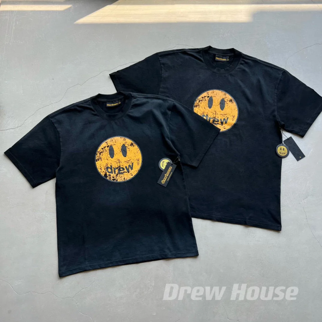 Camiseta con estampado de Smiley de Drew House para hombre, camiseta informal de gran tamaño, ropa de calle, camiseta de manga corta de algodón