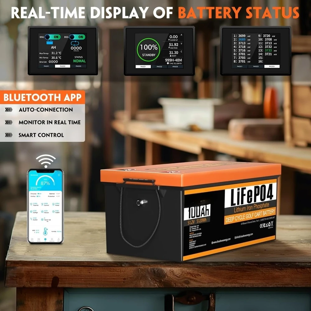 

48V 100Ah LiFePO4 Golf Cart Battery with 200A BMS & APP Control - 6000+ Deep Cycles, Touch Monitor & Strap, Solar/RV/Off-Grid