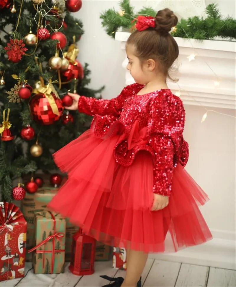 

Red Sequined Flower Girl Dress for Wedding Puffy Full Sleeve Tulle Birthday Party Wear Toddler Kids Pageant Princess Ball Gowns