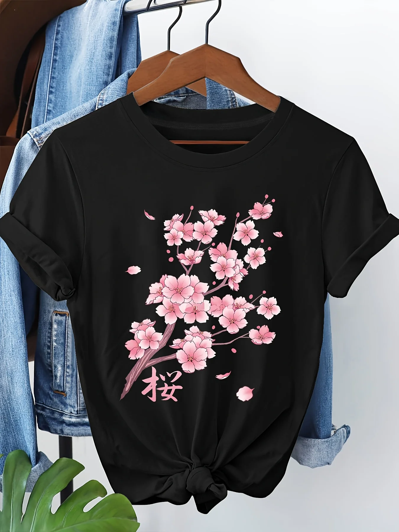 Women's Casual T-shirt, Cherry Blossom Print, Short Sleeves, Round Neck, Spring/summer Floral Design, with Japanese Characters.