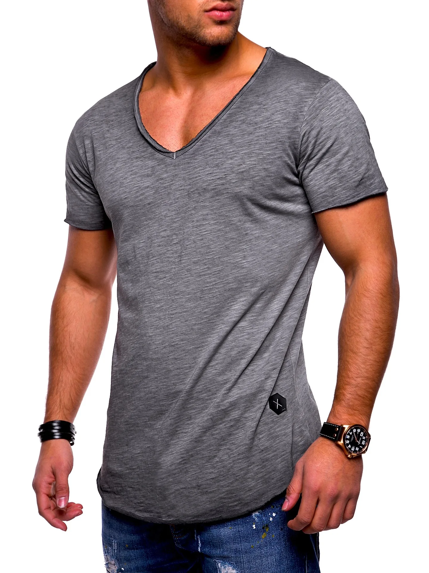 Camiseta de algodón con cuello en V para hombre, camisa de diseño a la moda, ajustada, lisa, de manga corta, 100%