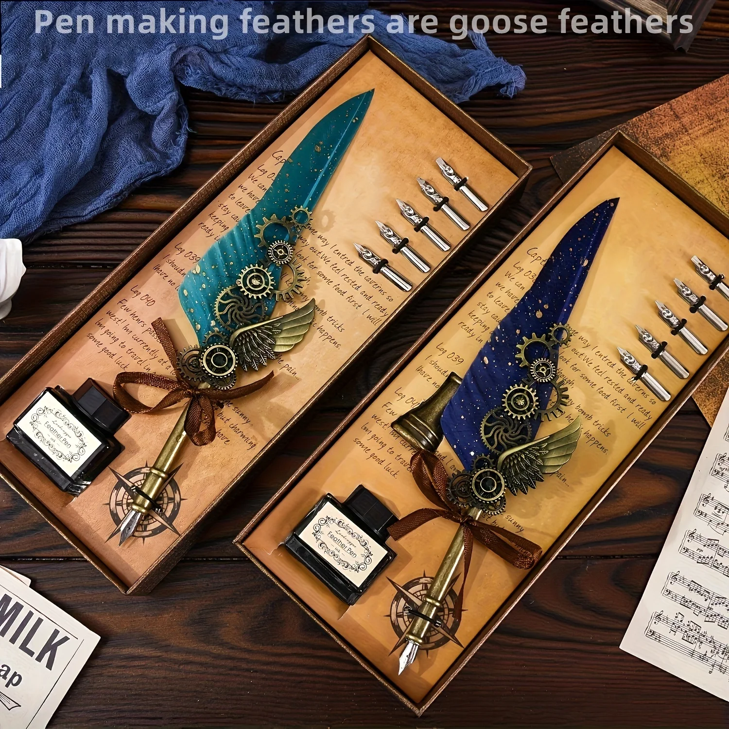 Set of pens, stamps, crayons. Calligraphy pen and ink pen set. Dip pen with mechanical gears and steampunk design.