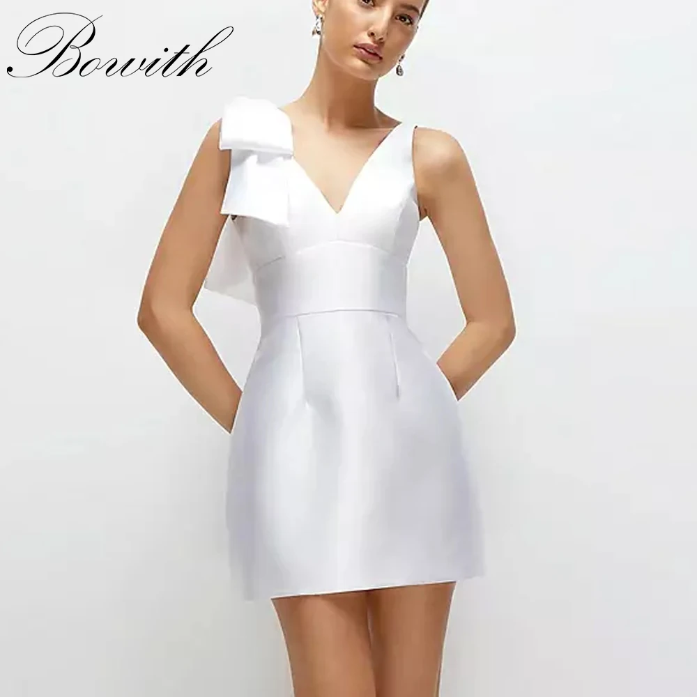 

Bowith Beach Wedding Dresses Satin V-Neck Sleeveless Bow Short Wedding Dresses vestidos de novia Mini Wedding Party Dresses