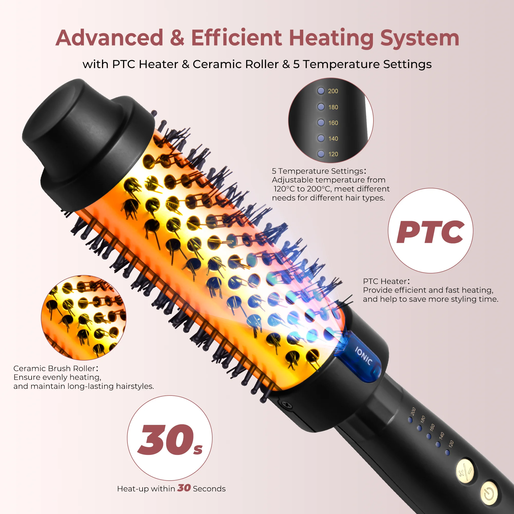 Thermal Brush PTC Heated Ceramic Hair Curler Curling Iron Brush Hot Brush Create Loose & Volume Curls Heating Hair Styling Brush