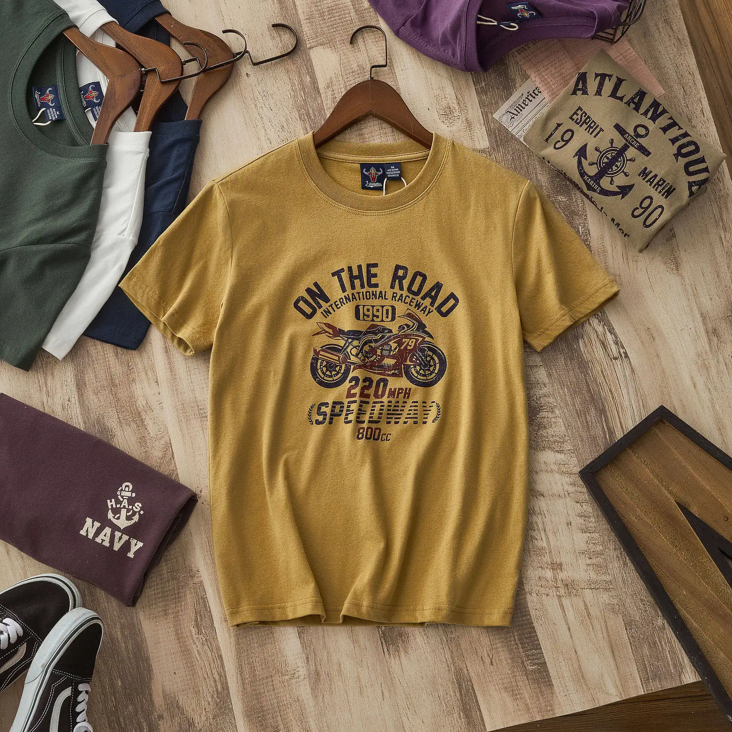 Summer New American Retro Short Sleeve O-neck Letter Motorcycle Printed T-shirt Men's Fashion 100% Cotton Washed Casual Tops