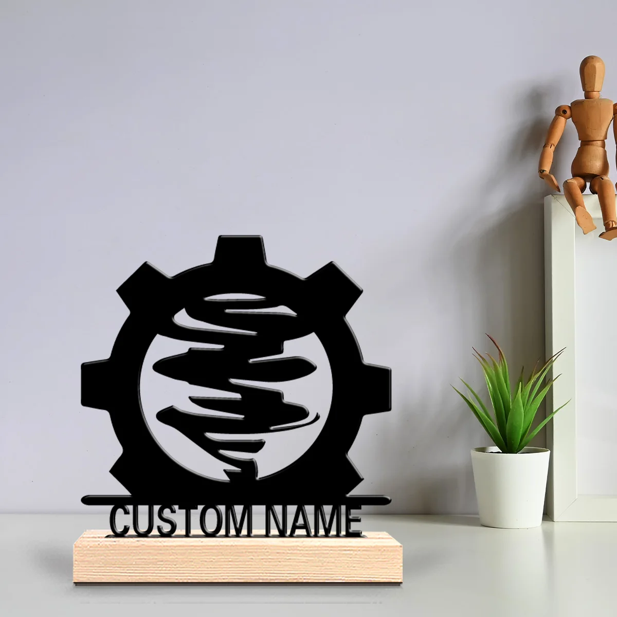 1pc Creative Gear Tornado Custom Text Tin Statue Metal Ornament Art Crafts With Wood Base Tin Ornament With Wood Base Home Table