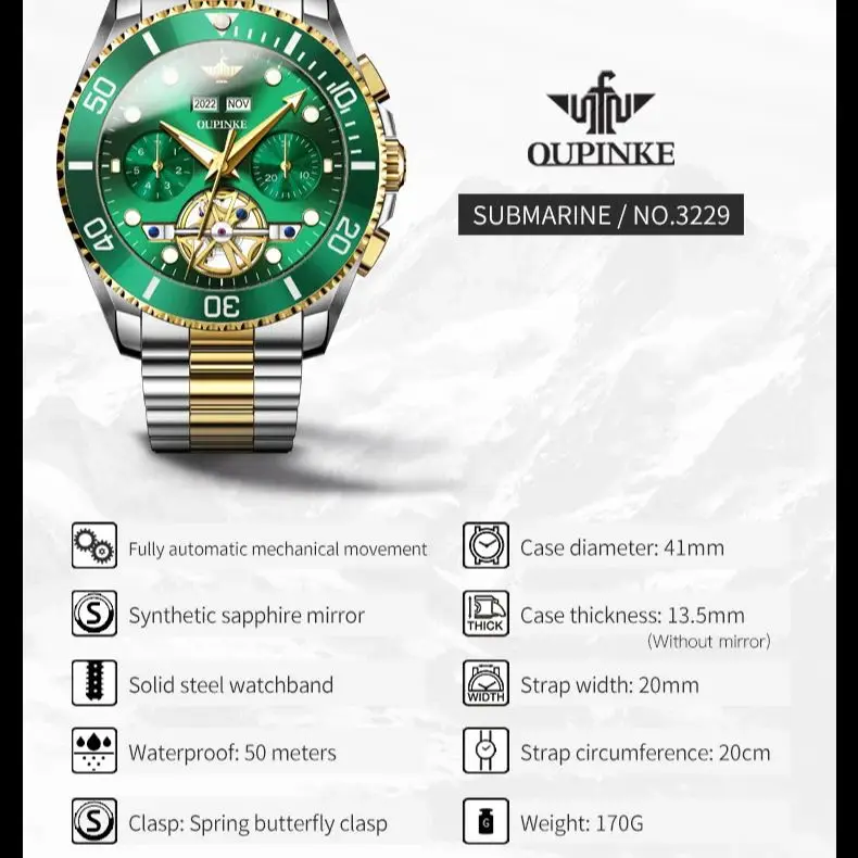 OUPINKE 3229 Men\'s Watches Automatic Mechanical High-end Wristwatch Green Water Ghost Date Year Luxury Brand Watch for Man