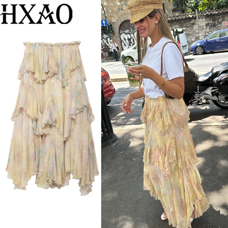 

HXAO Женская длинная юбка с рюшами, летние юбки с принтом для женщин, винтажная многослойная юбка-миди со складками, элегантная женская юбка из тюля феи