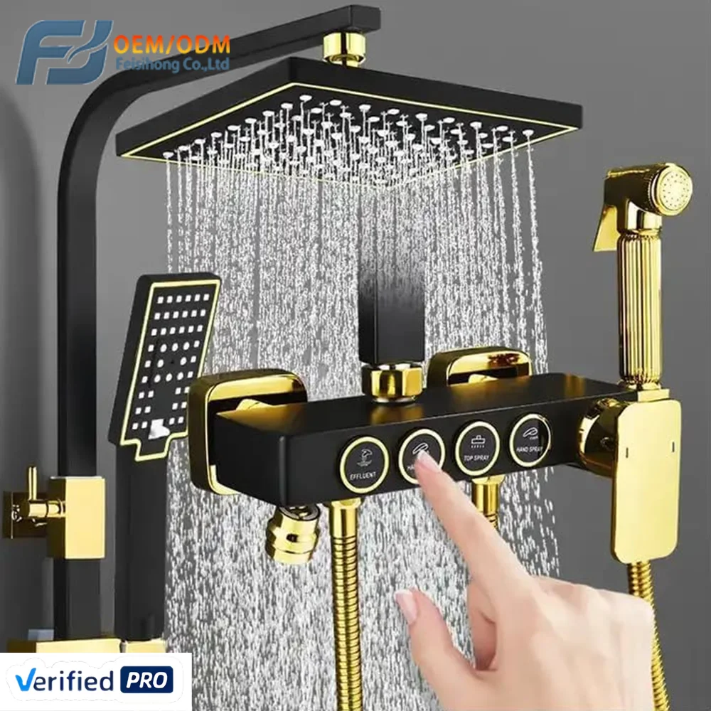 

OEM 2025 Роскошный душевой набор для отелей, черно-золотой, 4-функциональный, настенный, с эффектом тропического дождя, термостатический смеситель для ванной комнаты