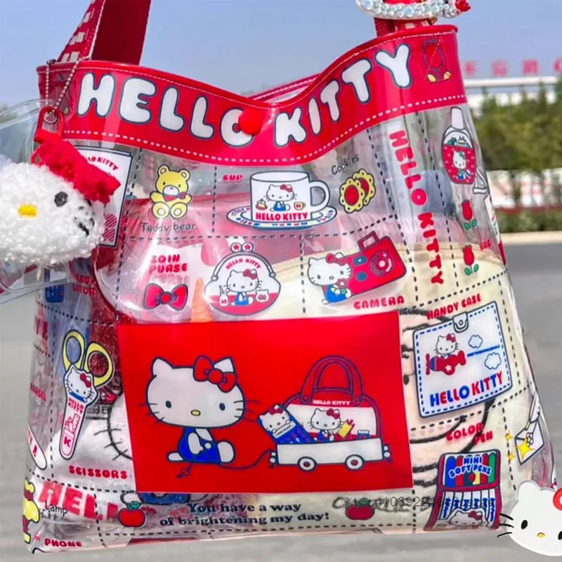 Sanrio Hello Kitty Cute Cat Transparent Bag Summer New Fashion Cartoon Printed Handbag Y2k Korean Style Large Capacity Tote