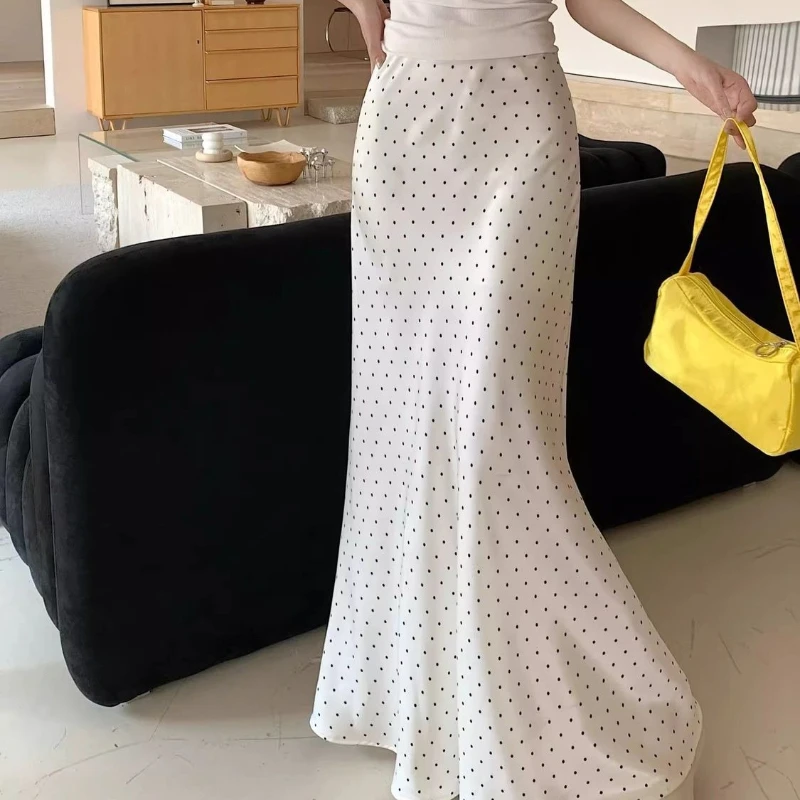 

Satin Polka Dot Skirt Women's Spring and Summer A-word Pendant Feeling Ankle Long Skirt High Feeling Acetic Acid Fishtail Skirt
