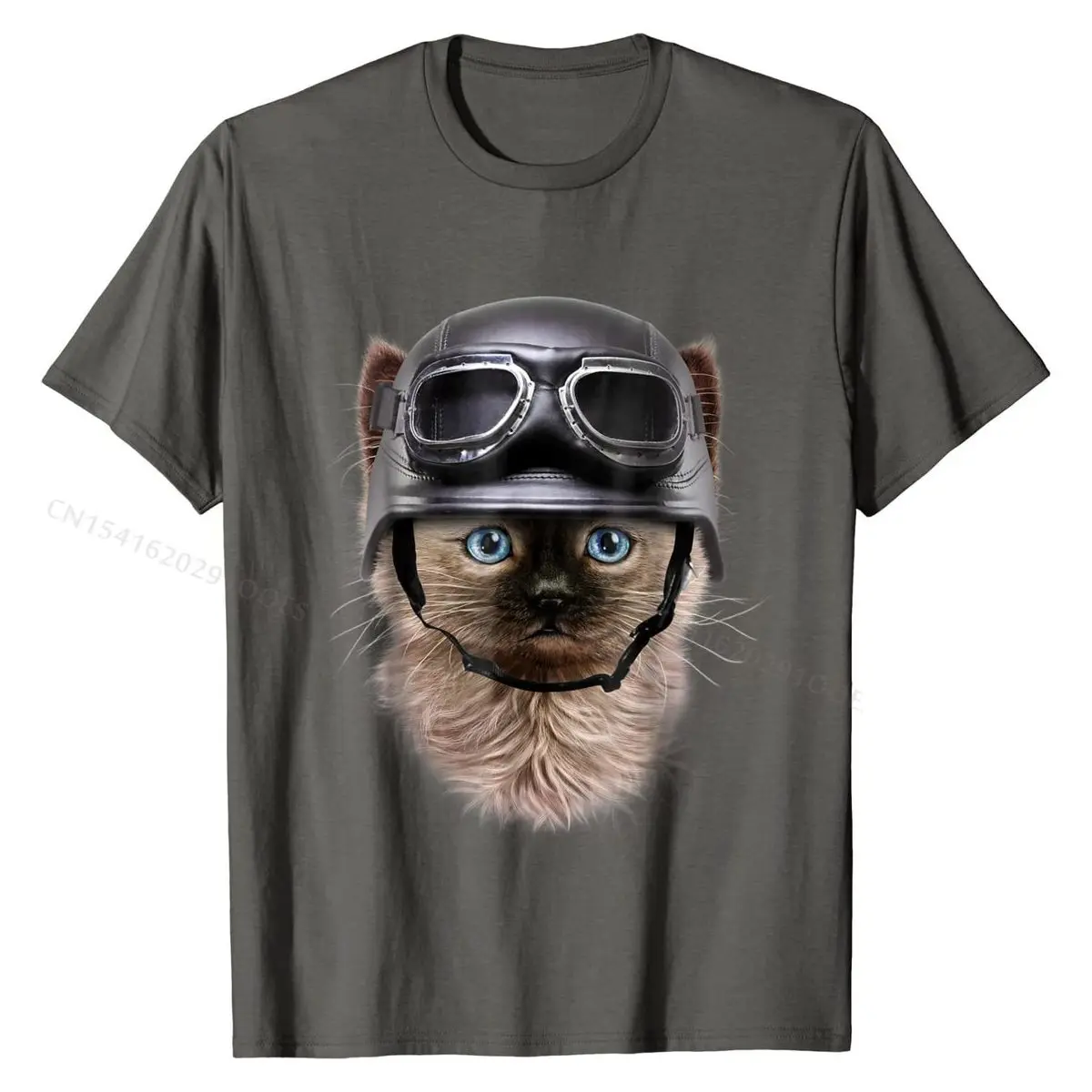 Siamese Kitten in Motorcycle Helmet, Cat T-Shirt comfortable T Shirts Tops Shirts for Men New  Cotton Group Top T-shirts