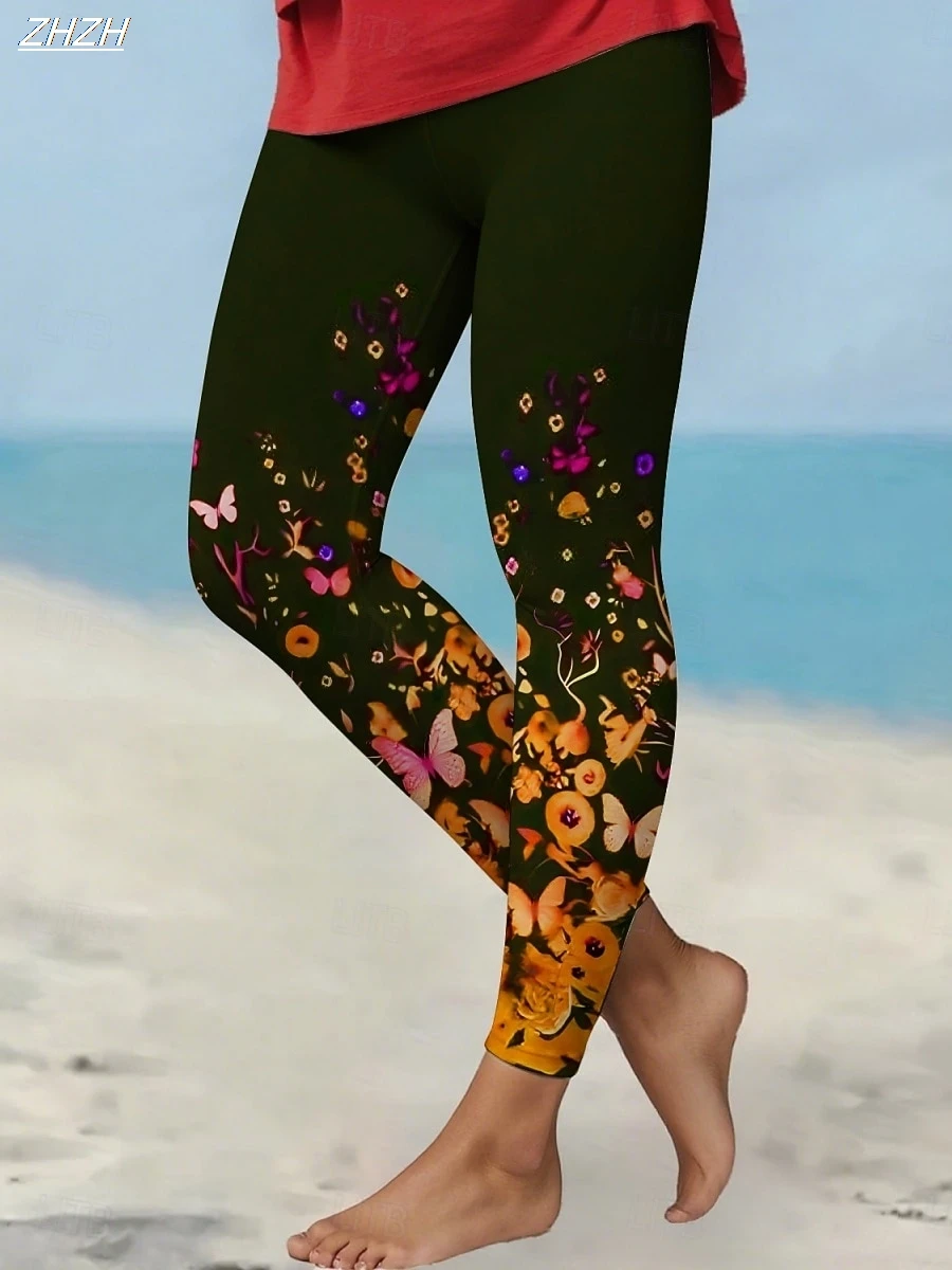 Leggings femininas flor impressa calças ao ar livre poliéster elastano estiramento cintura elástica, controle outono inverno streetwear