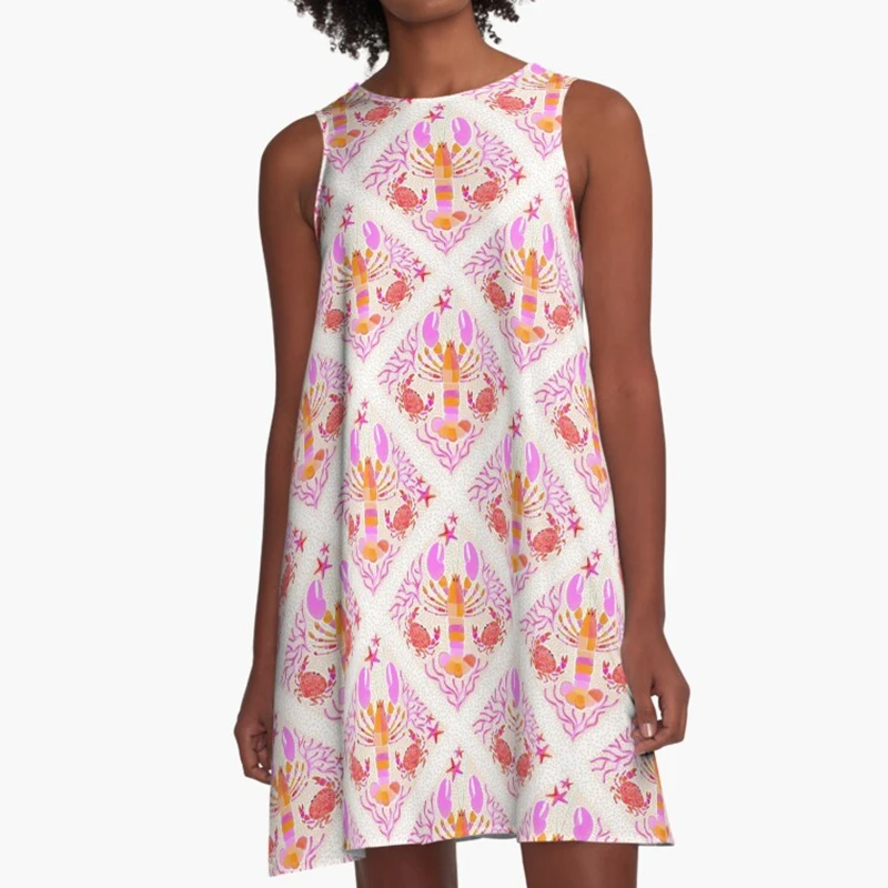 Robe de plage style Boho, Y2K, coquille esthétique, imprimé crabe, col rond, sans manches, coupe ample, courte, ligne a, débardeur, été 2025