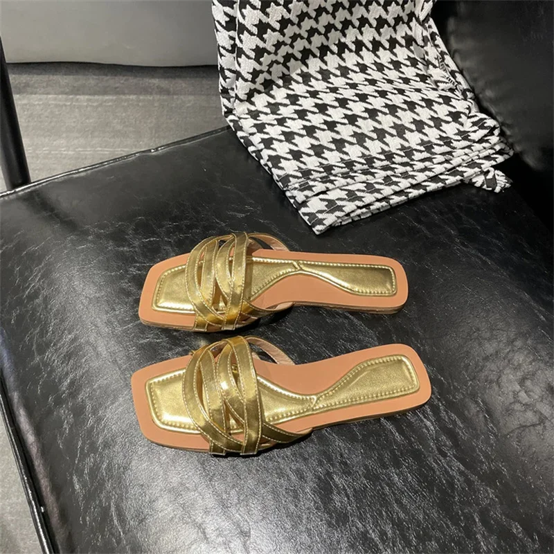 Golden Women Slipper Summer New Slip On Casual Flats Square Toe Leisure Ladies Shoes 2024 INS Hot Sale Concise Zapatos Mujer