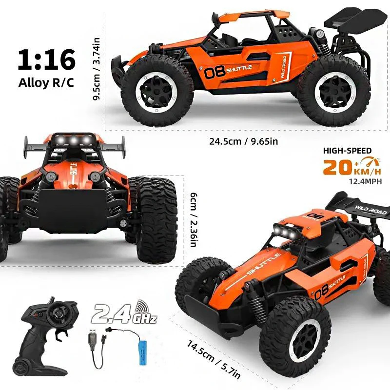 1:16 High-Speed RC Car 2.4G 20KM/H 2WD/4WD Alloy Off-Road Drift with LED 5-Channel Remote Control Toy Gifts for Kids