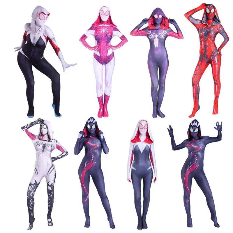 Superhero Gwen Stacy Cosplay Costume Into The Spider Verse Gwenom Spandex Fabric Women Men Zentai for Halloween Bodysuit