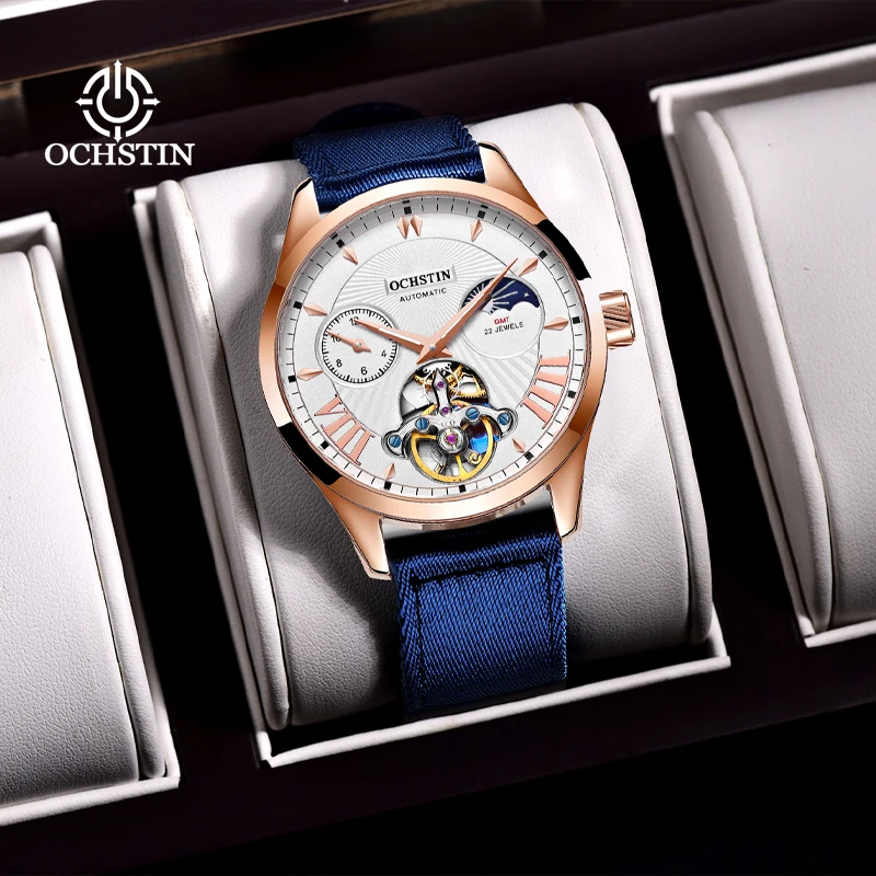 OCHSTIN Man Skeleton Mechanical Movement New Creative Nylon Series Tourbillon Watches Men's Sun Moon Phrase Classic Wristwatch