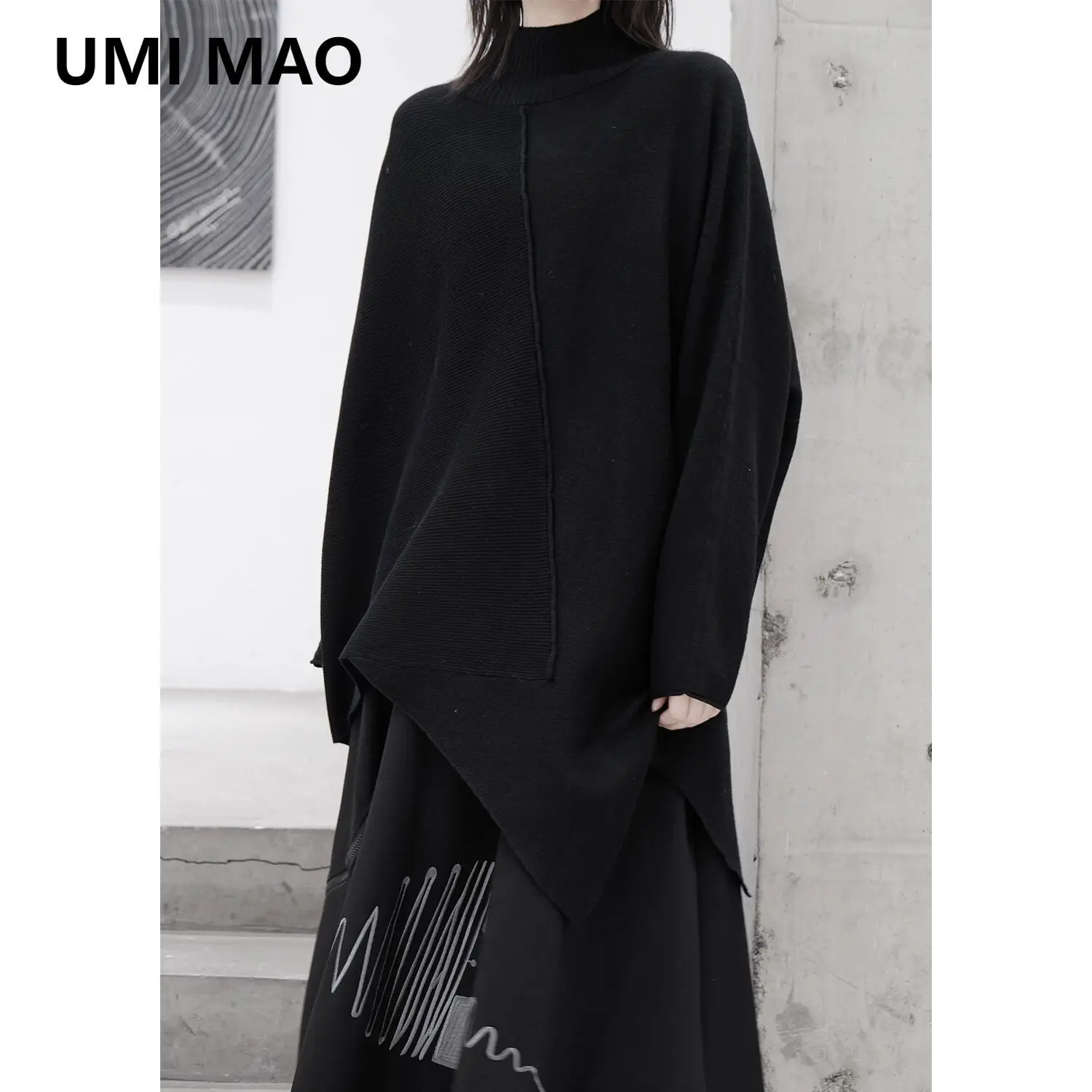 

UMI MAO Yamamoto Dark Irregular Piece Splicing Sweater Niche Design Soft And Warm Top For Winter Black Turtleneck