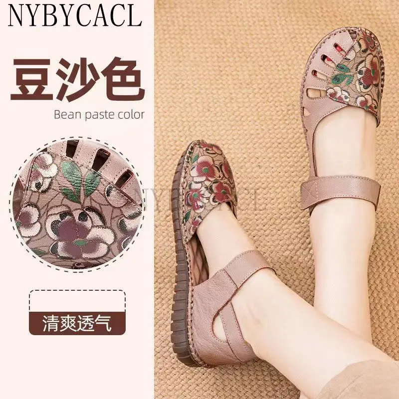 New Women Bohemian Vintage Style Flat Heels Sandals Summer Slingback Round Close Toe Shoes Woman Printed Genuine Leather 2022