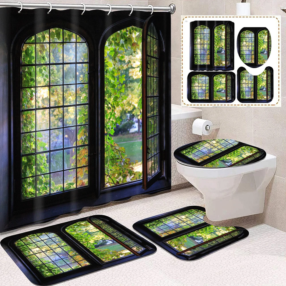 

1 set of imitation window green plant spring and summer scenery printed shower curtains, with 12 hooks and bathroom floor mats