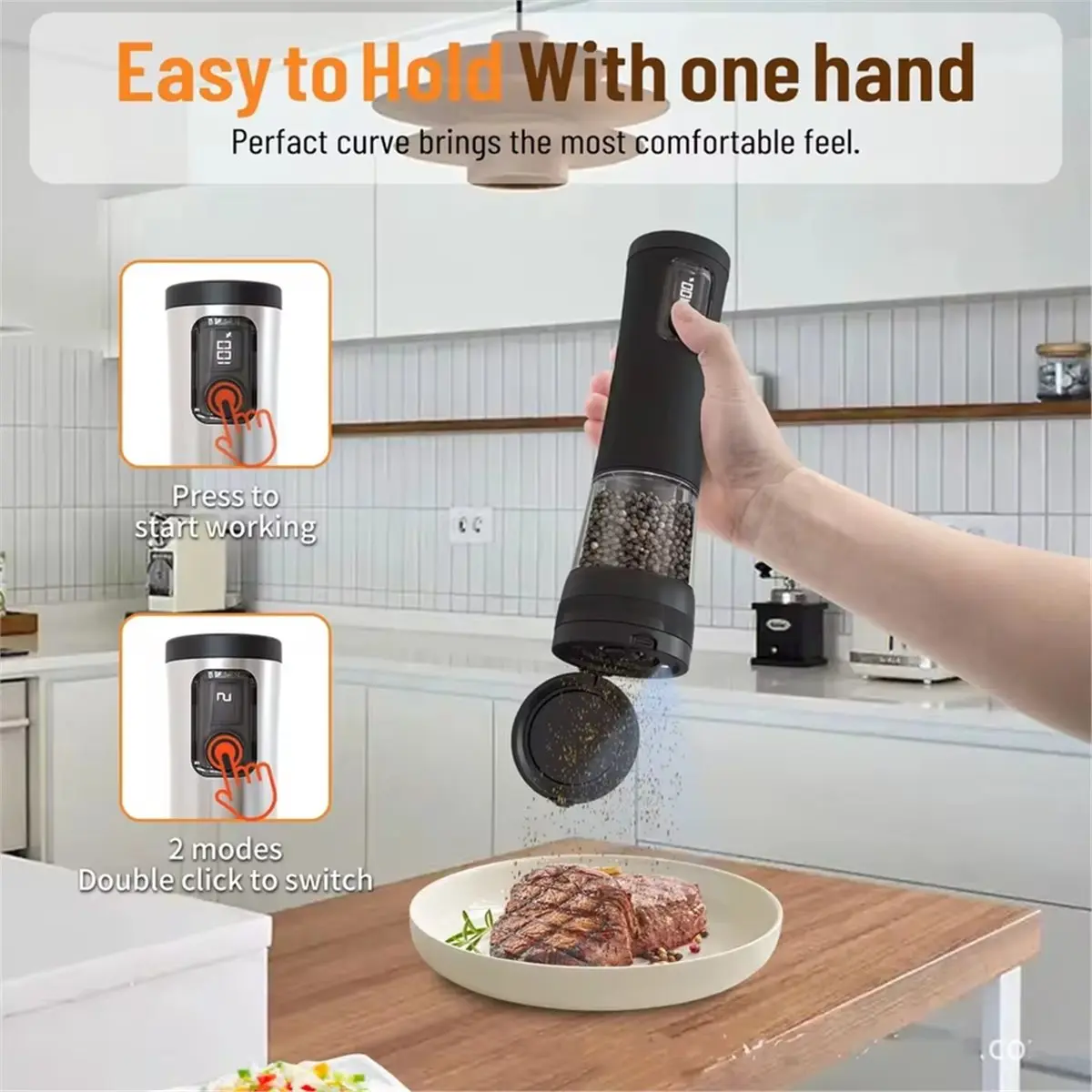 Conjunto de moedor de sal e pimenta elétrico com base recarregável LED indicador de eletricidade aspereza ajustável para cozinha